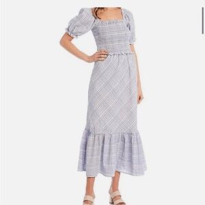 GB Gianni Bini Plaid Smocked Tiered Square Neck Maxi Dress Blue Puff Sleeve SZ S